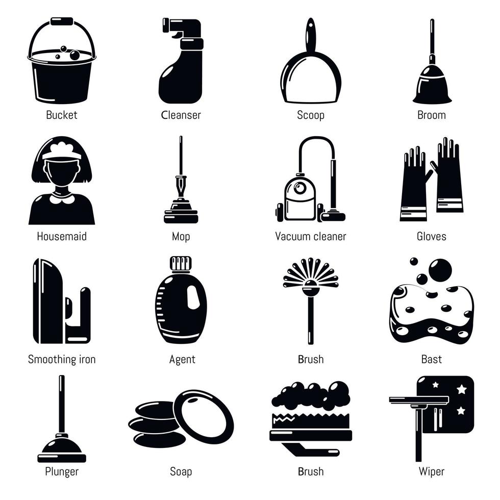 Cleaning tools icons set, simple style vector