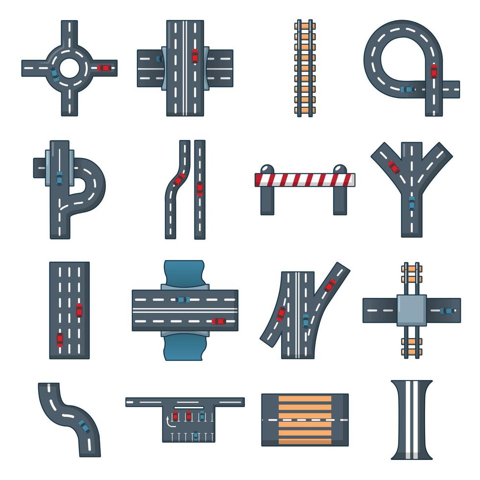 Road parts constructor icons set, cartoon style vector