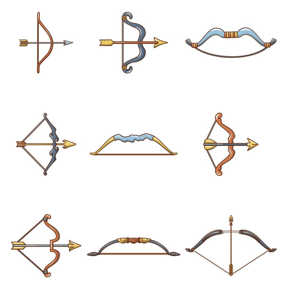 Bow arrow weapon icons set, cartoon style vector