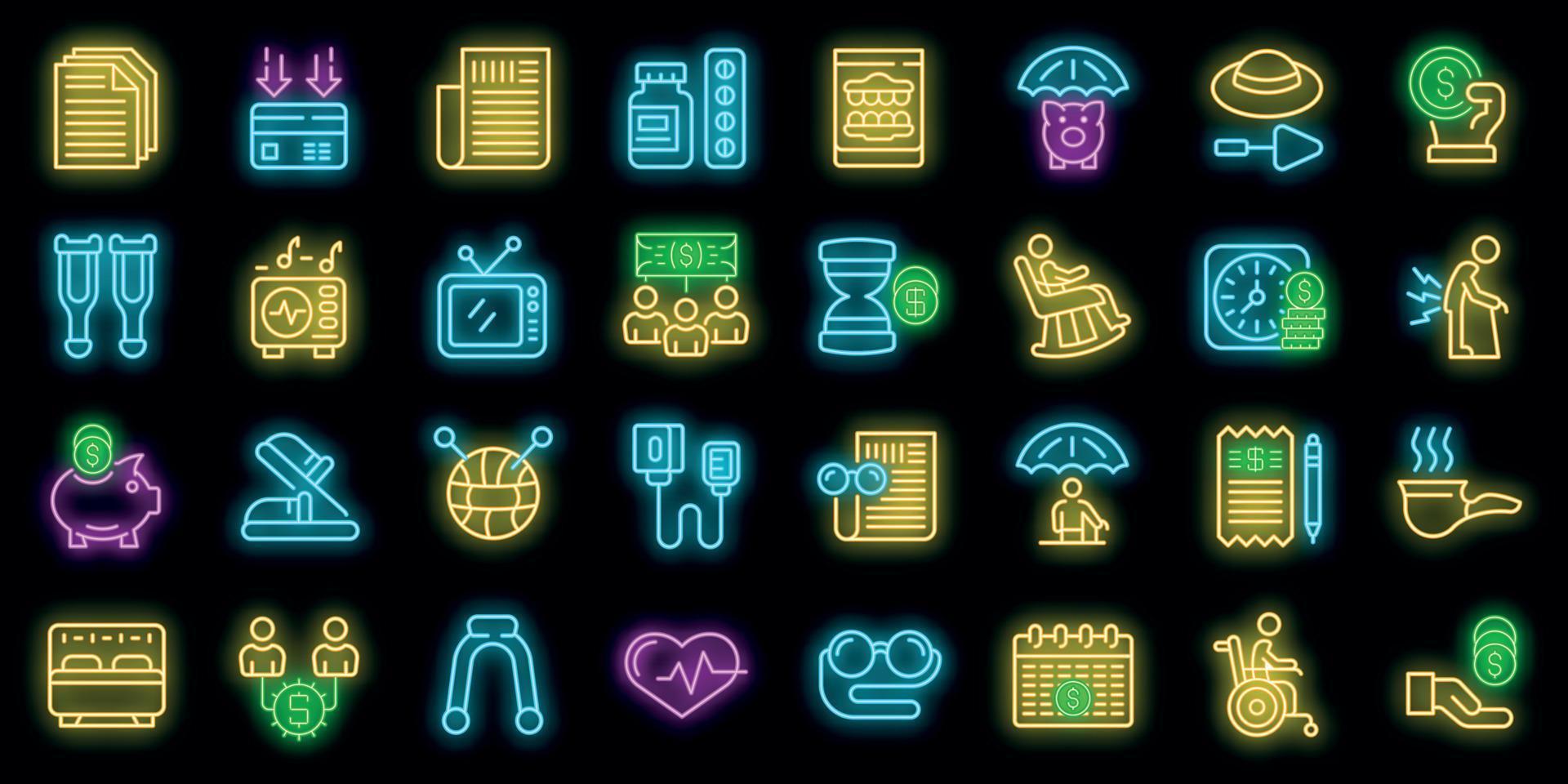 Retirement icons set vector neon