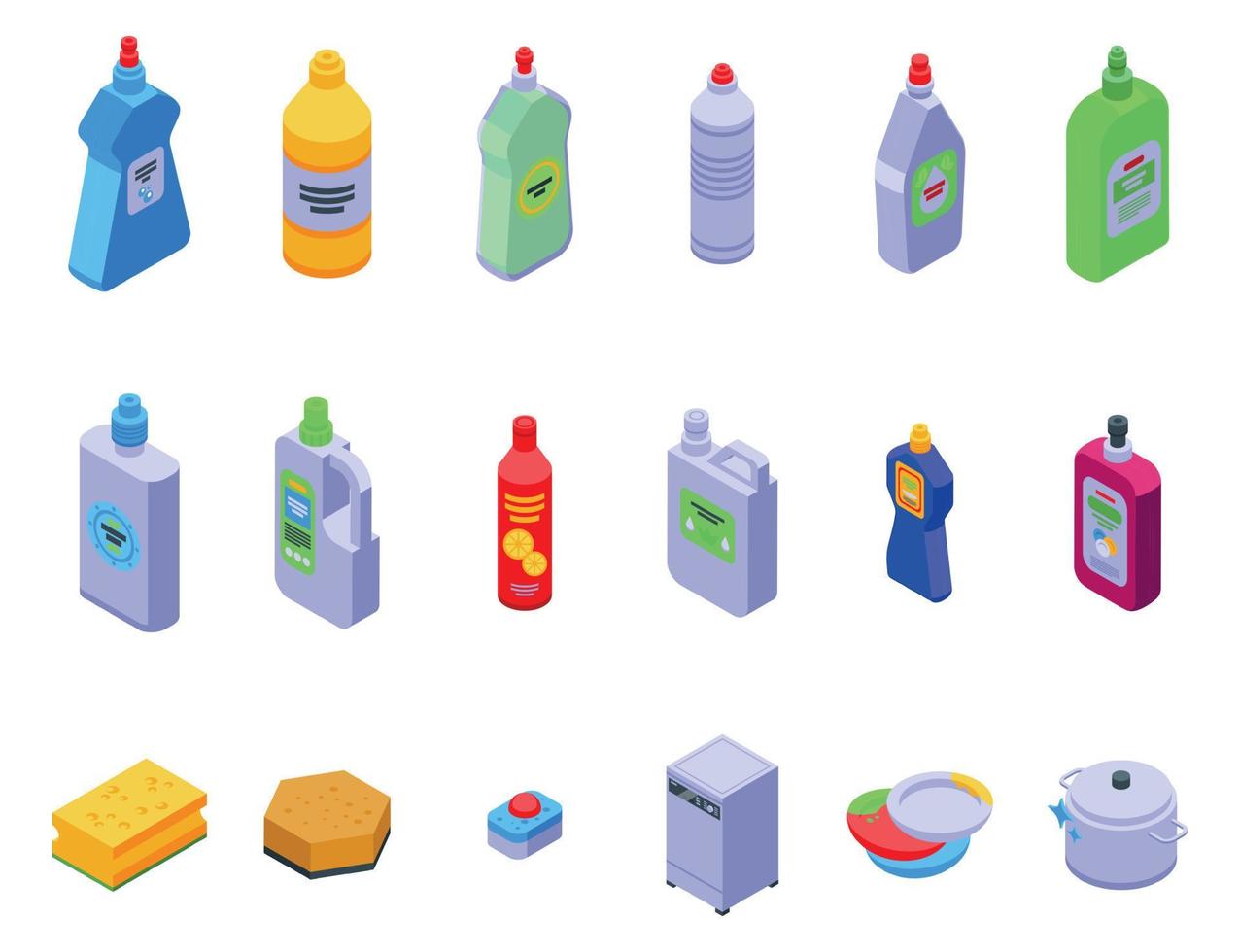 Dishwashing detergents icons set isometric vector. Crockery bowl vector