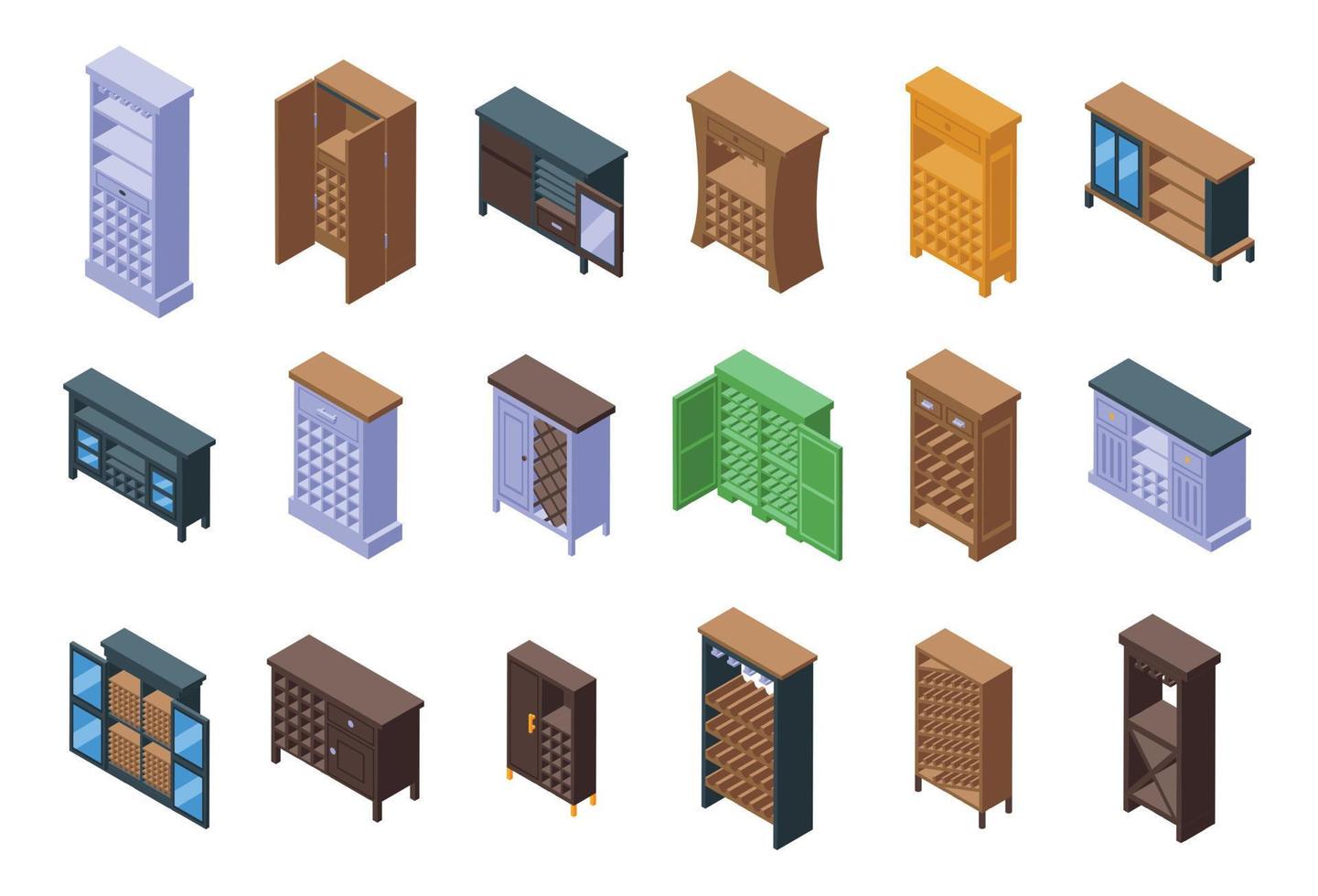 Wine cabinet icons set isometric vector. Alcohol shelf vector