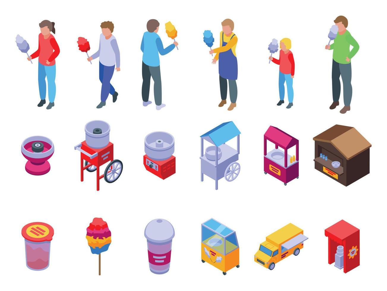 Cotton candy seller icons set isometric vector. Food carnival vector