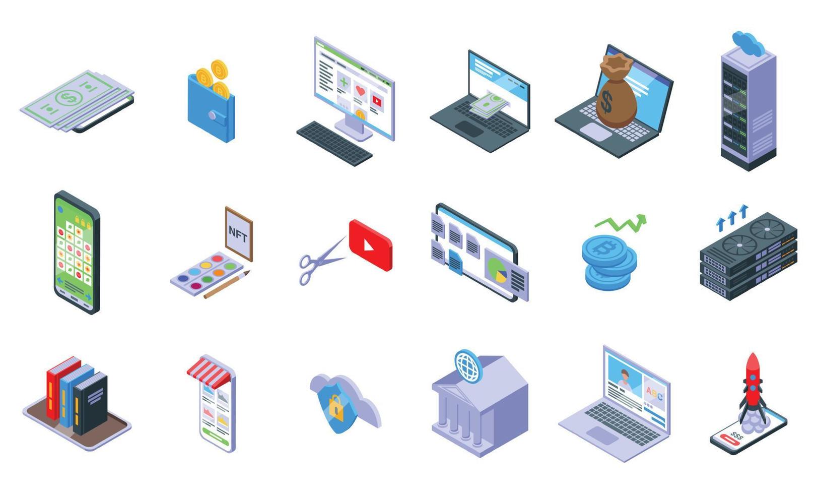 Making money online icons set isometric vector. Finance loan vector