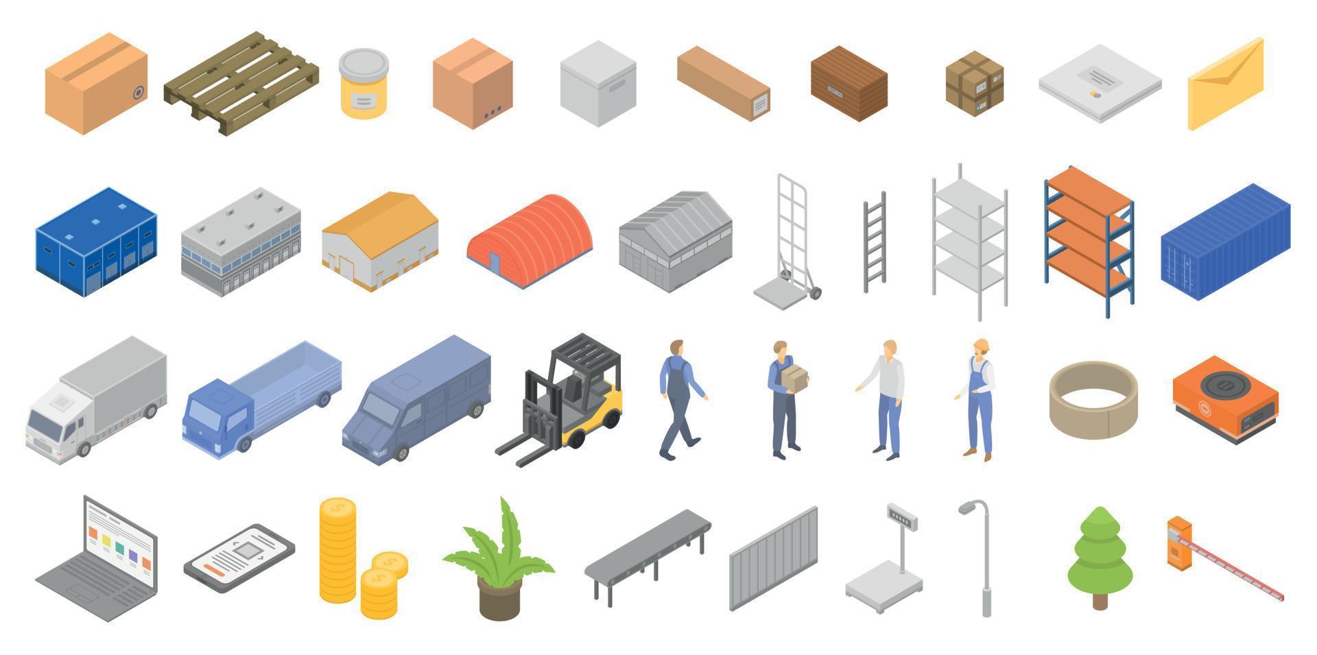 Warehouse icons set, isometric style vector