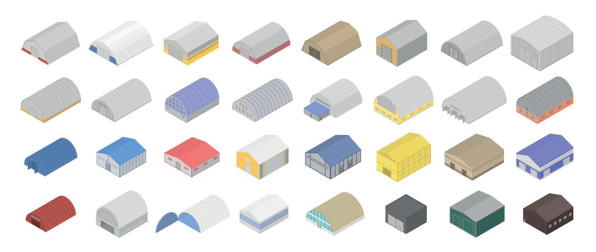 Hangar icons set, isometric style vector