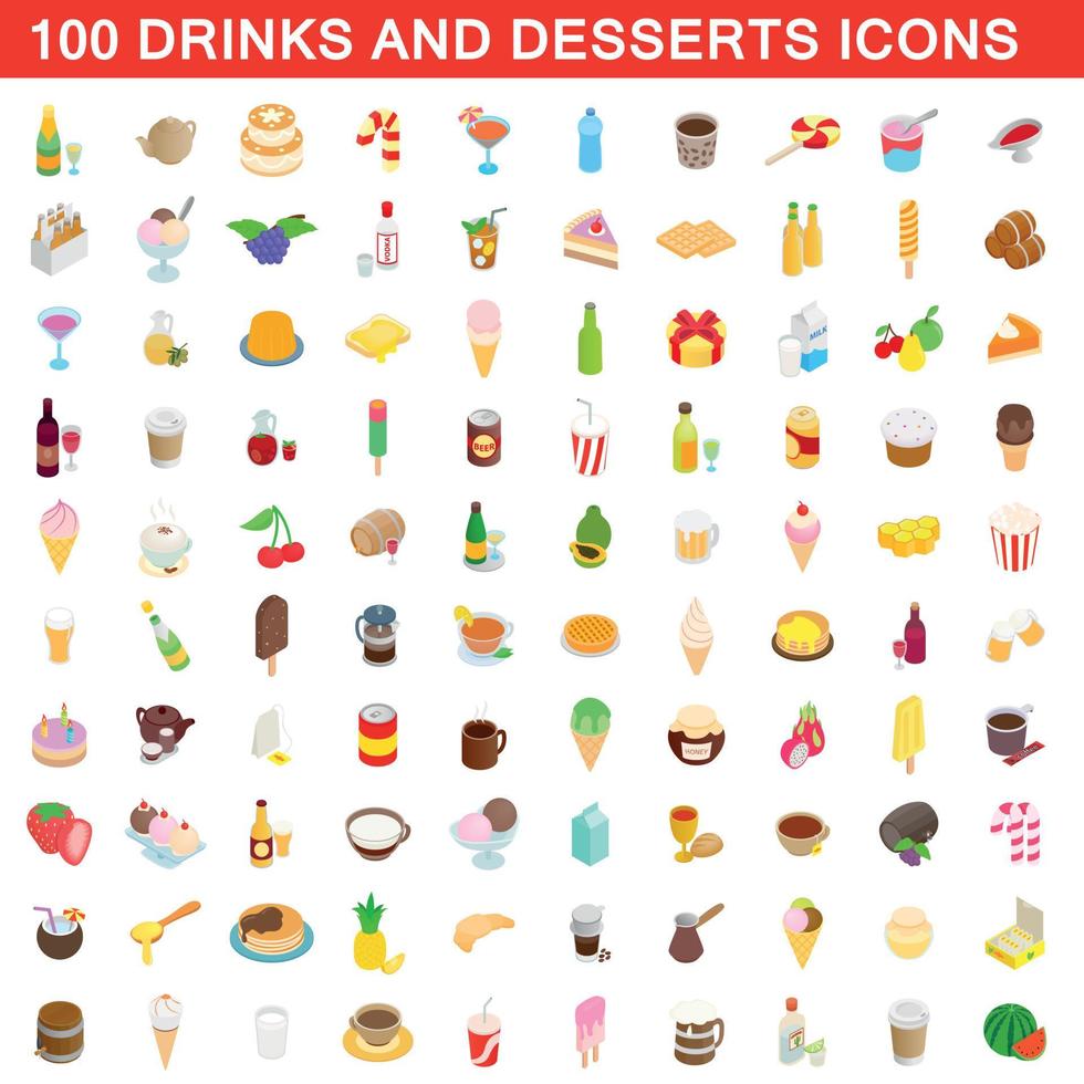 100 drinks and desserts icons set, isometric style vector