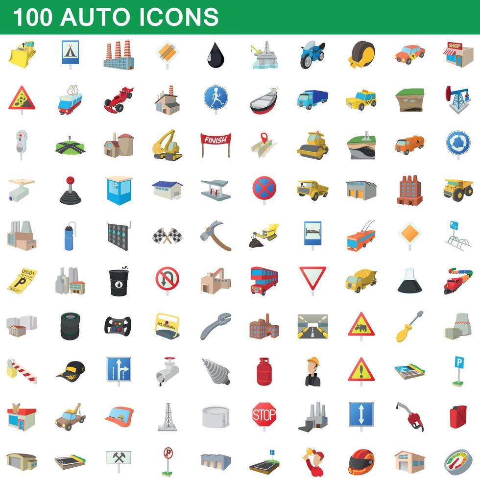 100 iconos automáticos, estilo de dibujos animados vector