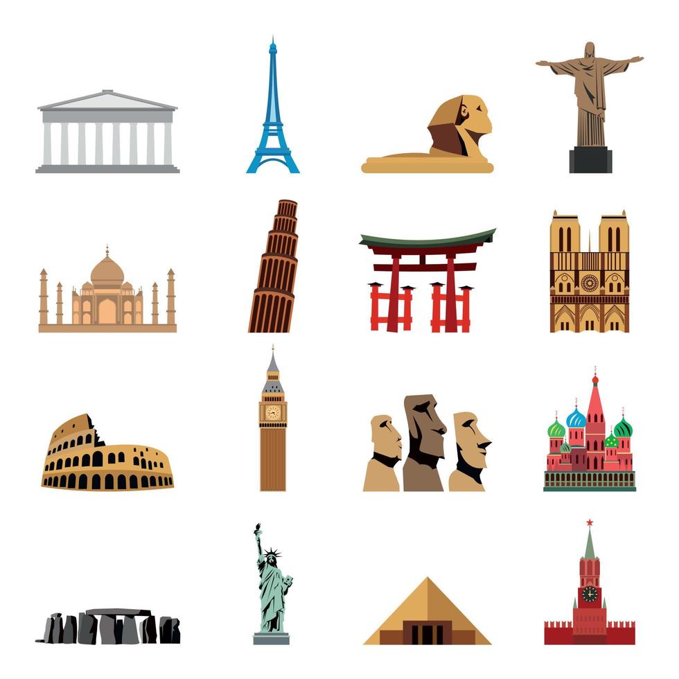 World landmarks flat icons vector