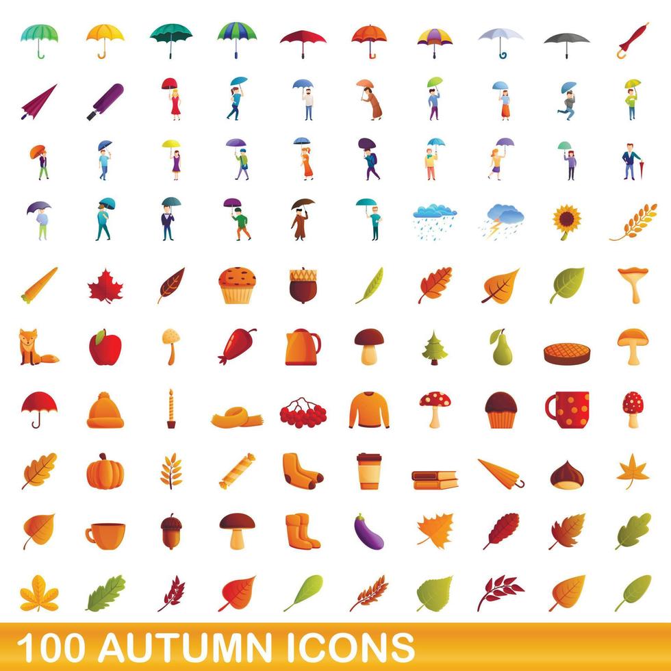 100 iconos de otoño, estilo de dibujos animados vector