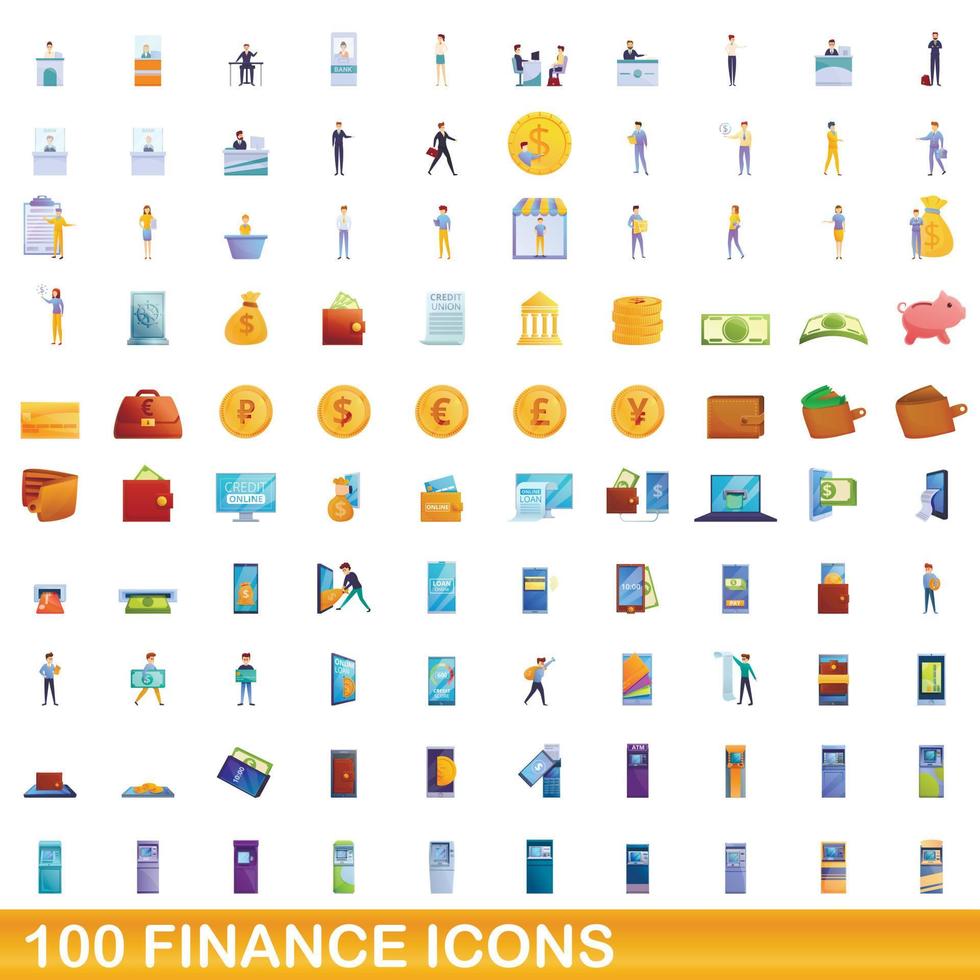 100 finance icons set, cartoon style vector