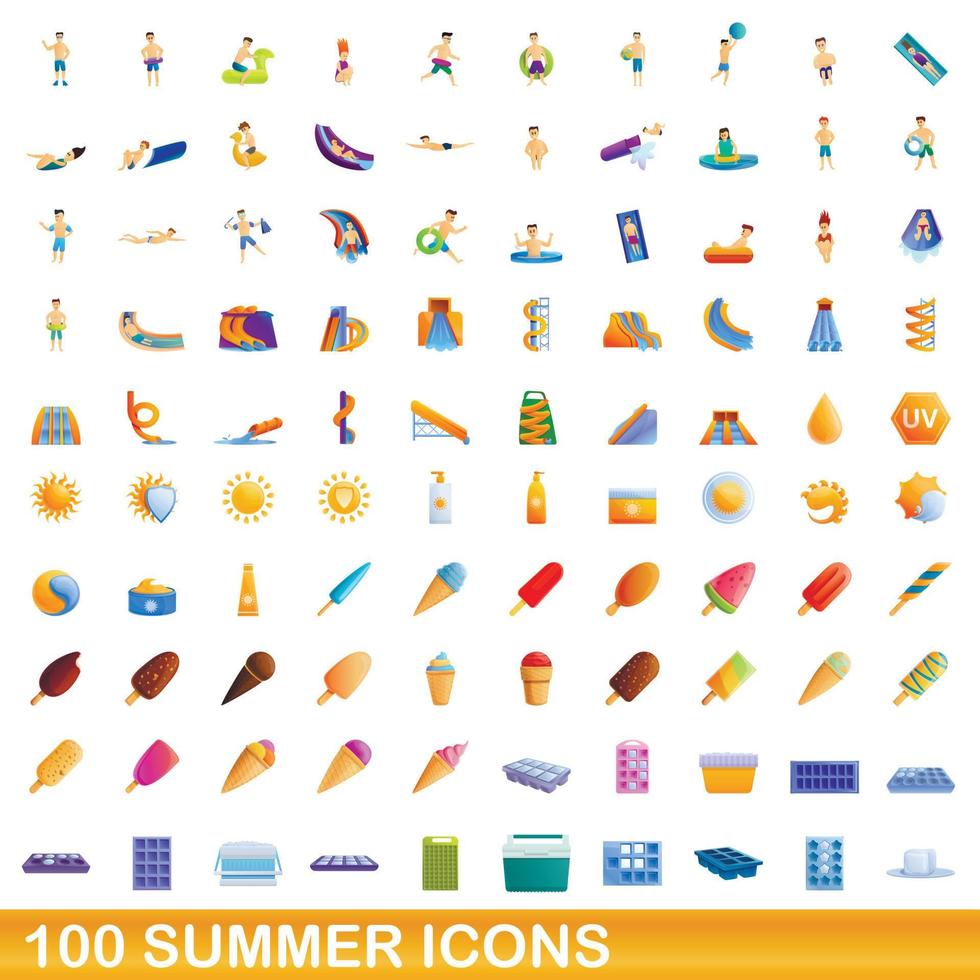 100 summer icons set, cartoon style vector