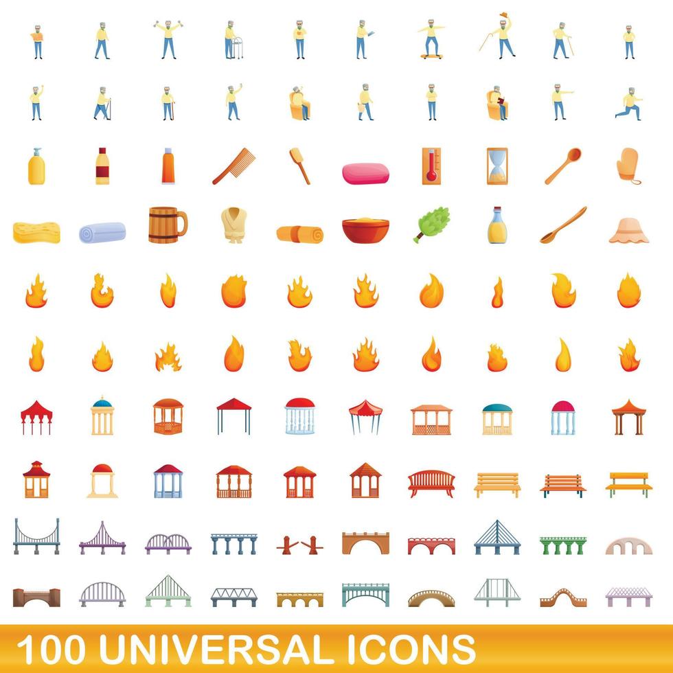 100 universal icons set, cartoon style vector