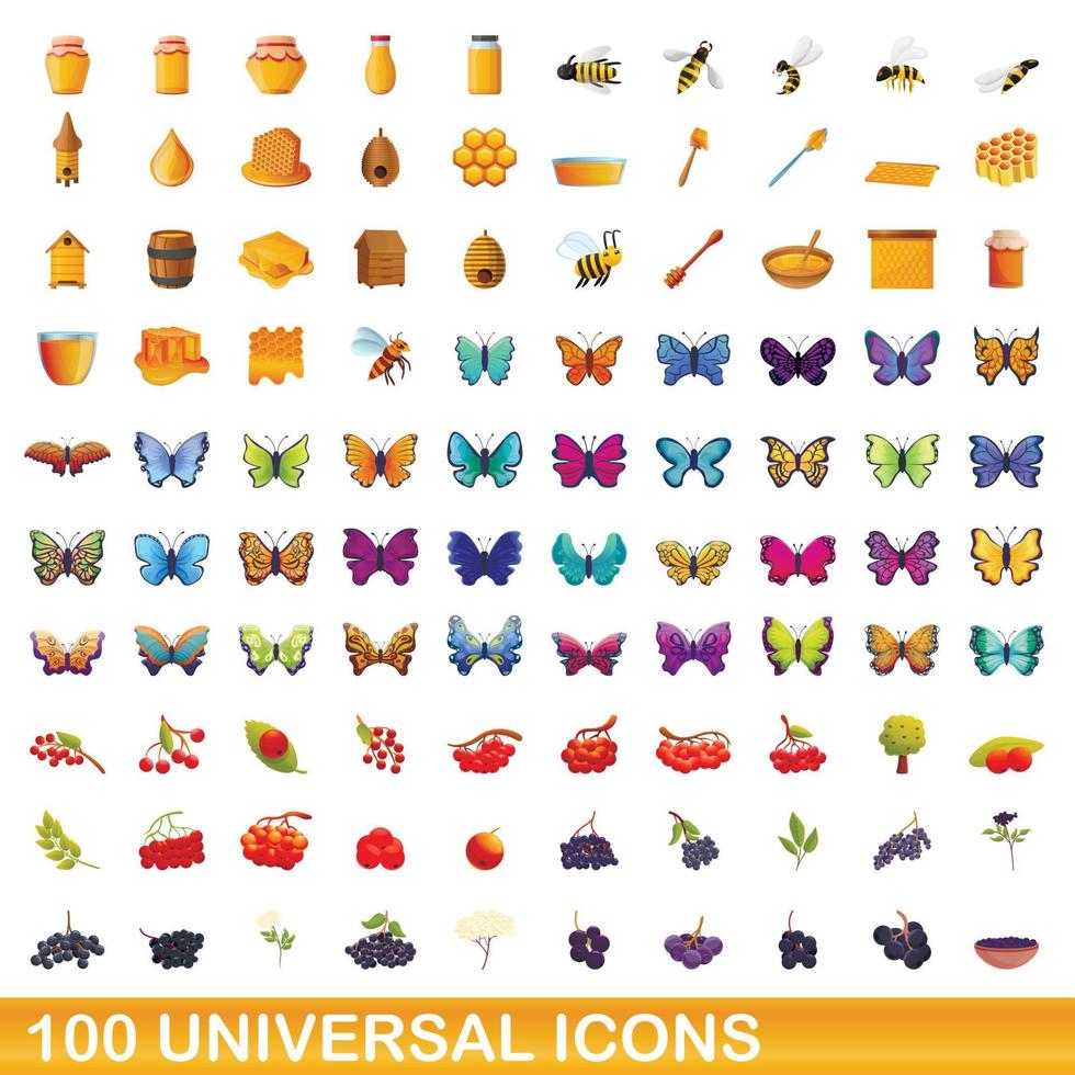 100 universal icons set, cartoon style vector