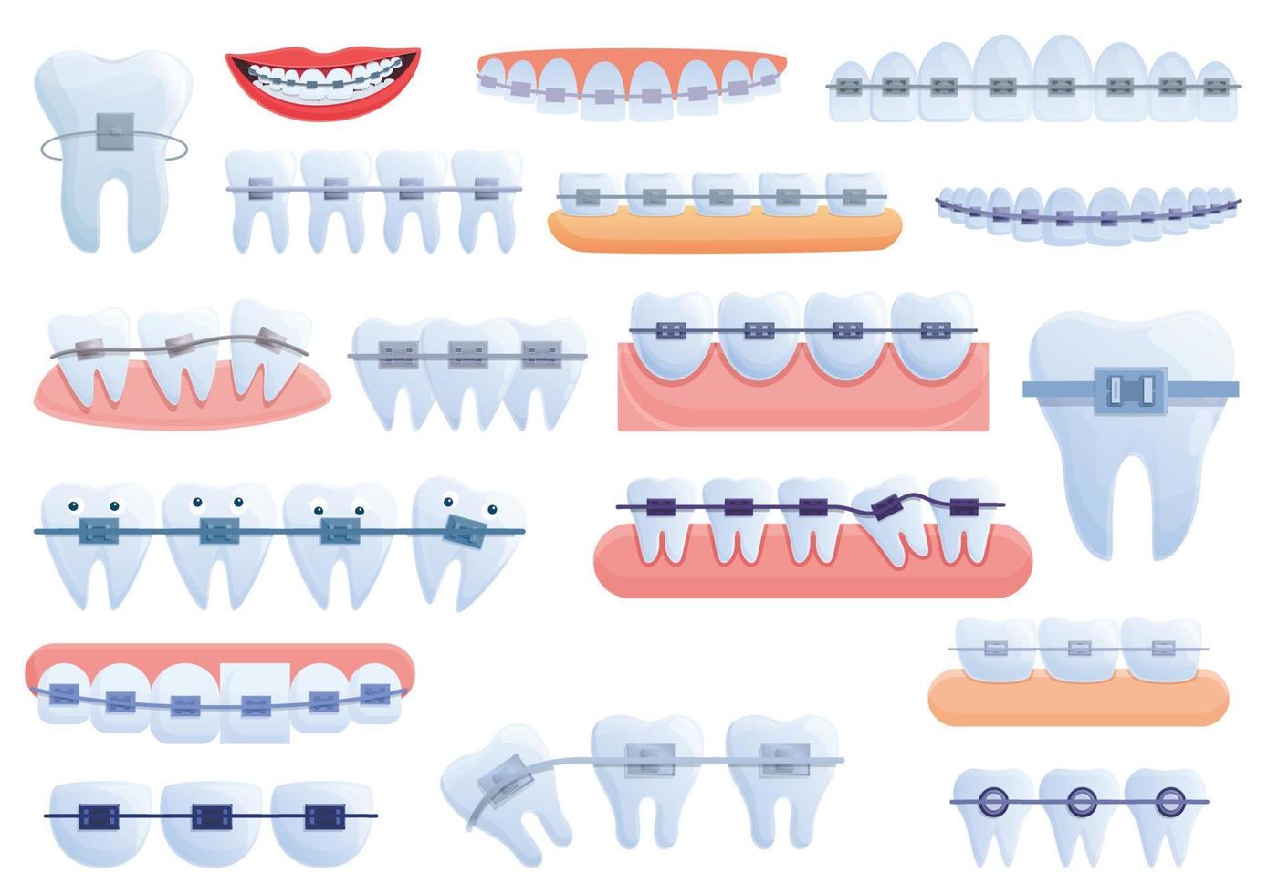 Conjunto de iconos de frenos dentales, estilo de dibujos animados vector