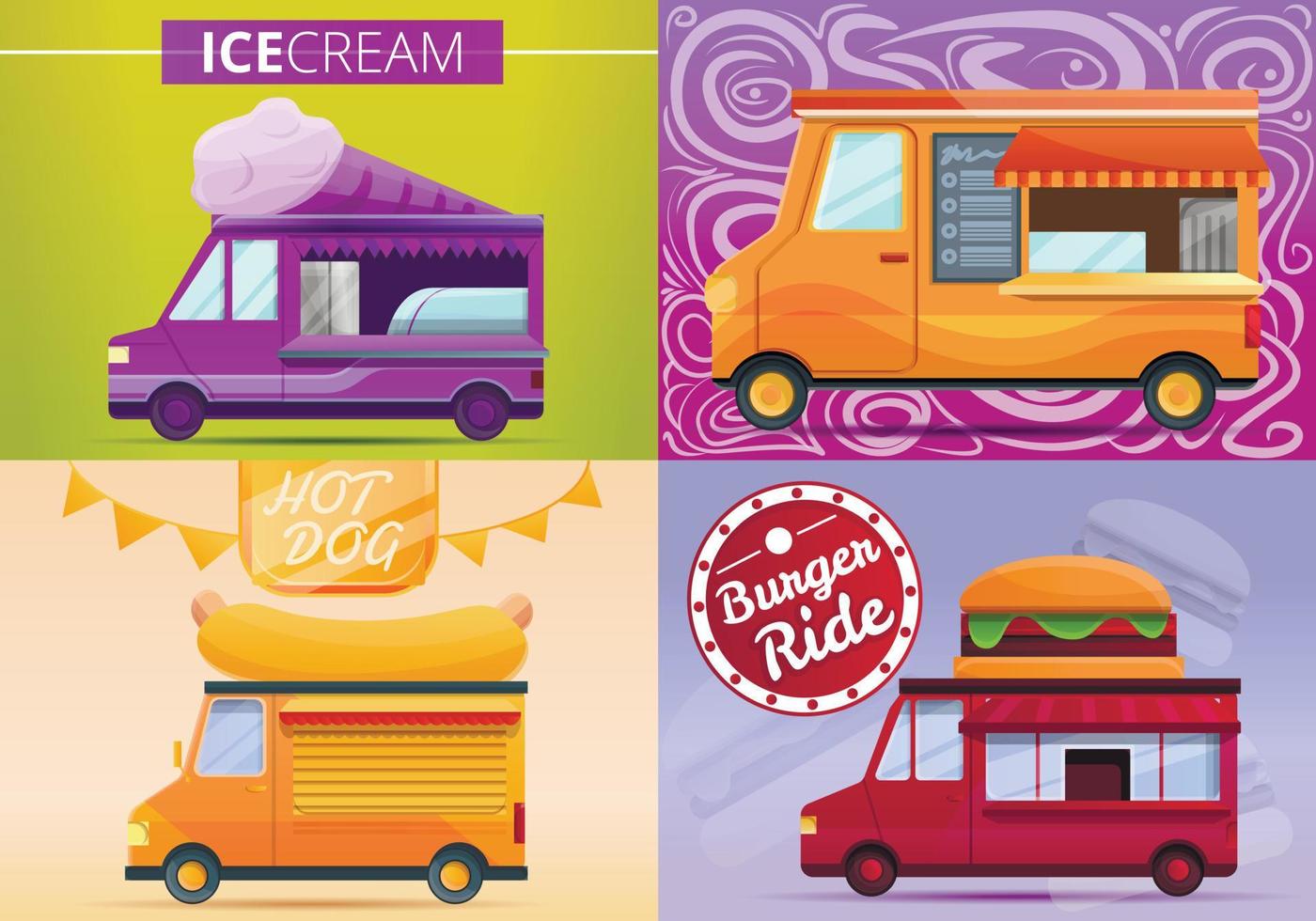 Food truck banner set, cartoon style vector