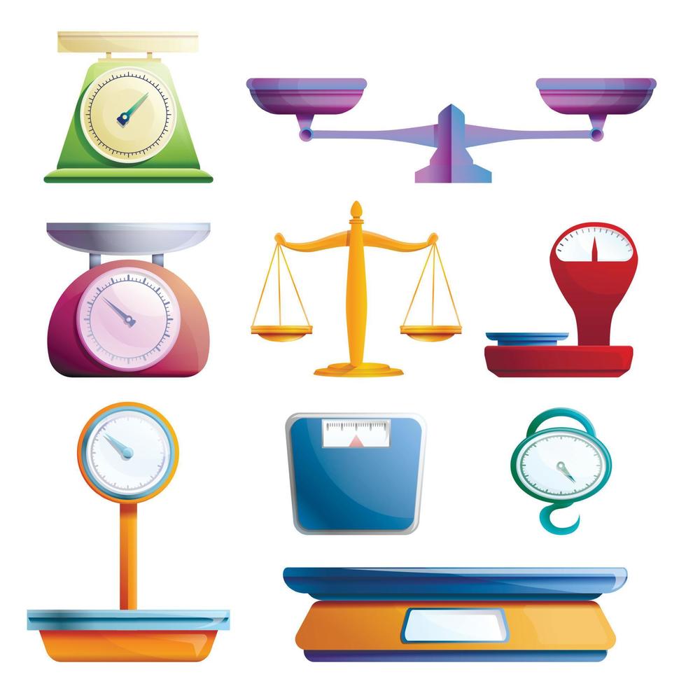 Weigh scales icons set, cartoon style vector