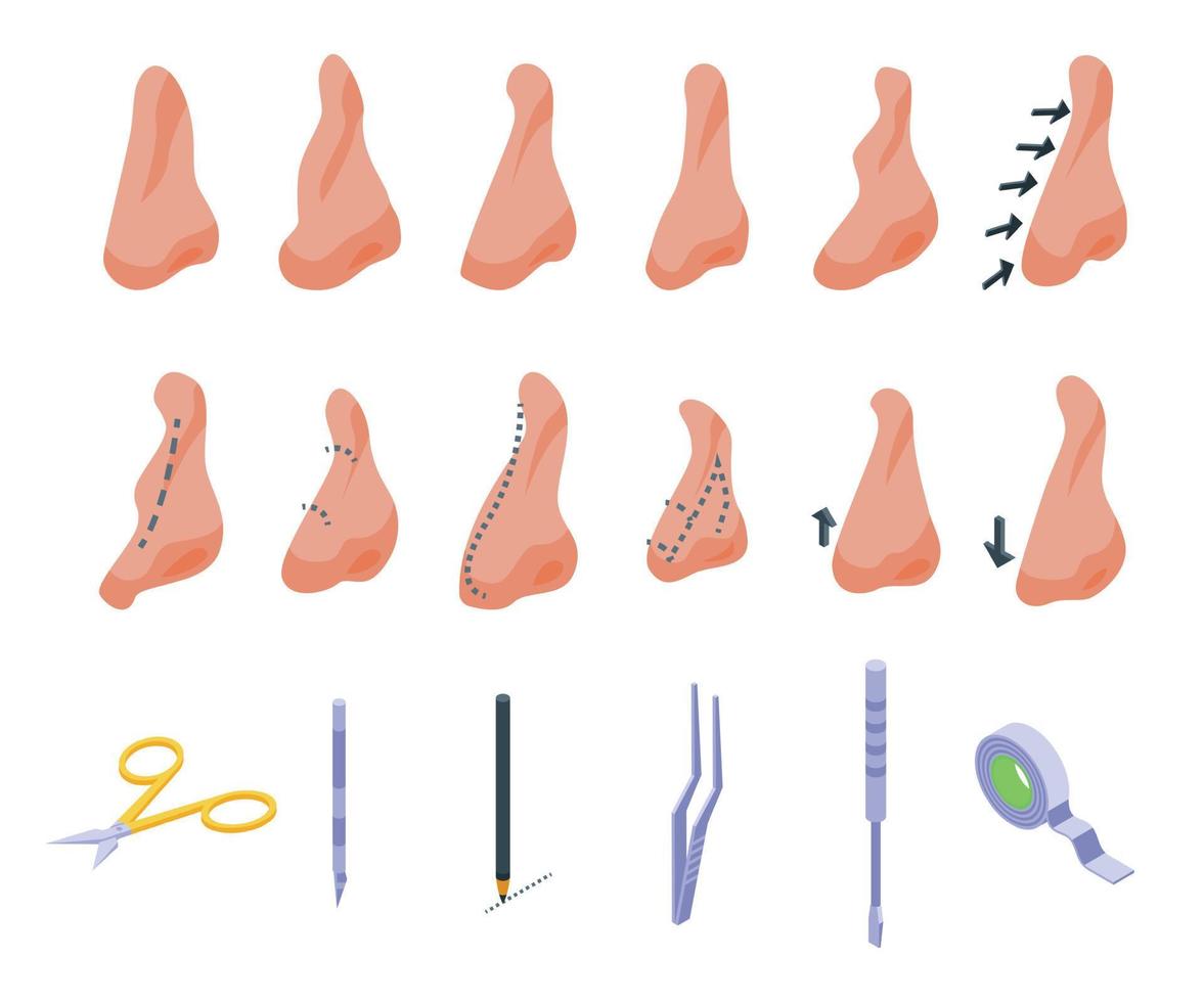 Rhinoplasty icons set isometric vector. Human nose vector