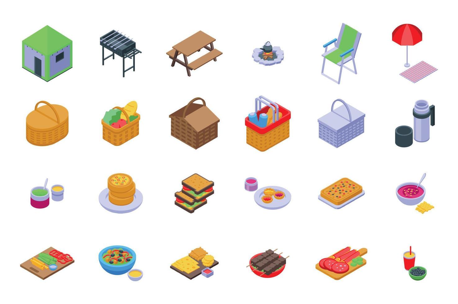los iconos de comida de picnic establecen un vector isométrico. cesta de platos
