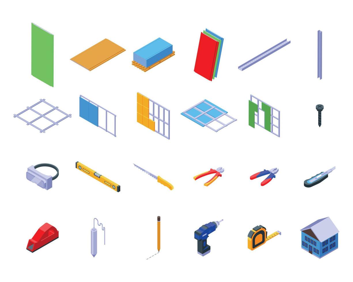 Drywall icons set isometric vector. House brush vector