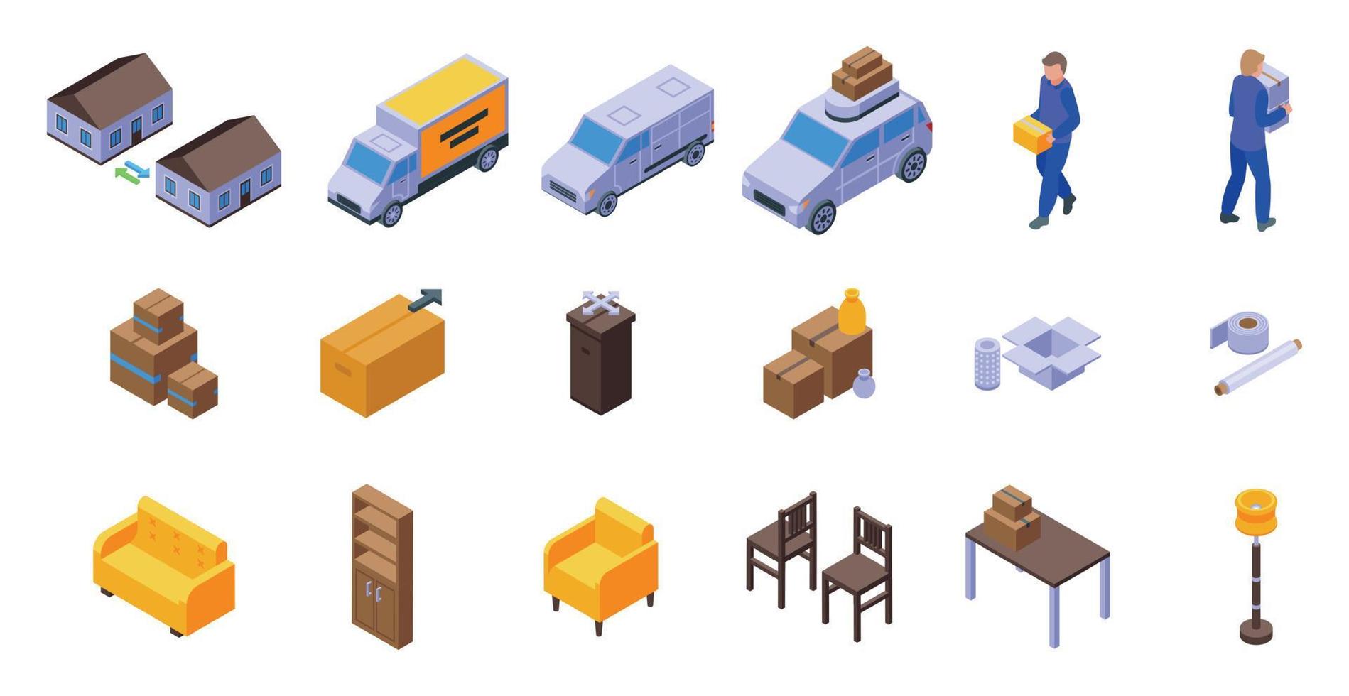 Moving house services icons set isometric vector. Warehouse box vector