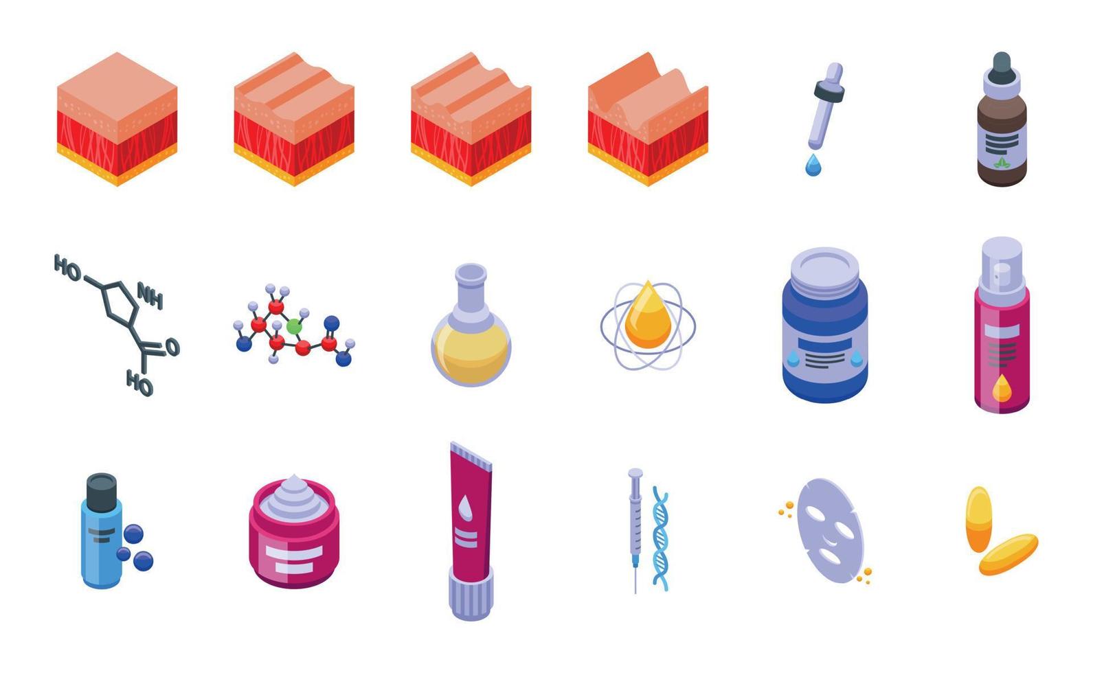 Collagen icons set isometric vector. Skin acid vector