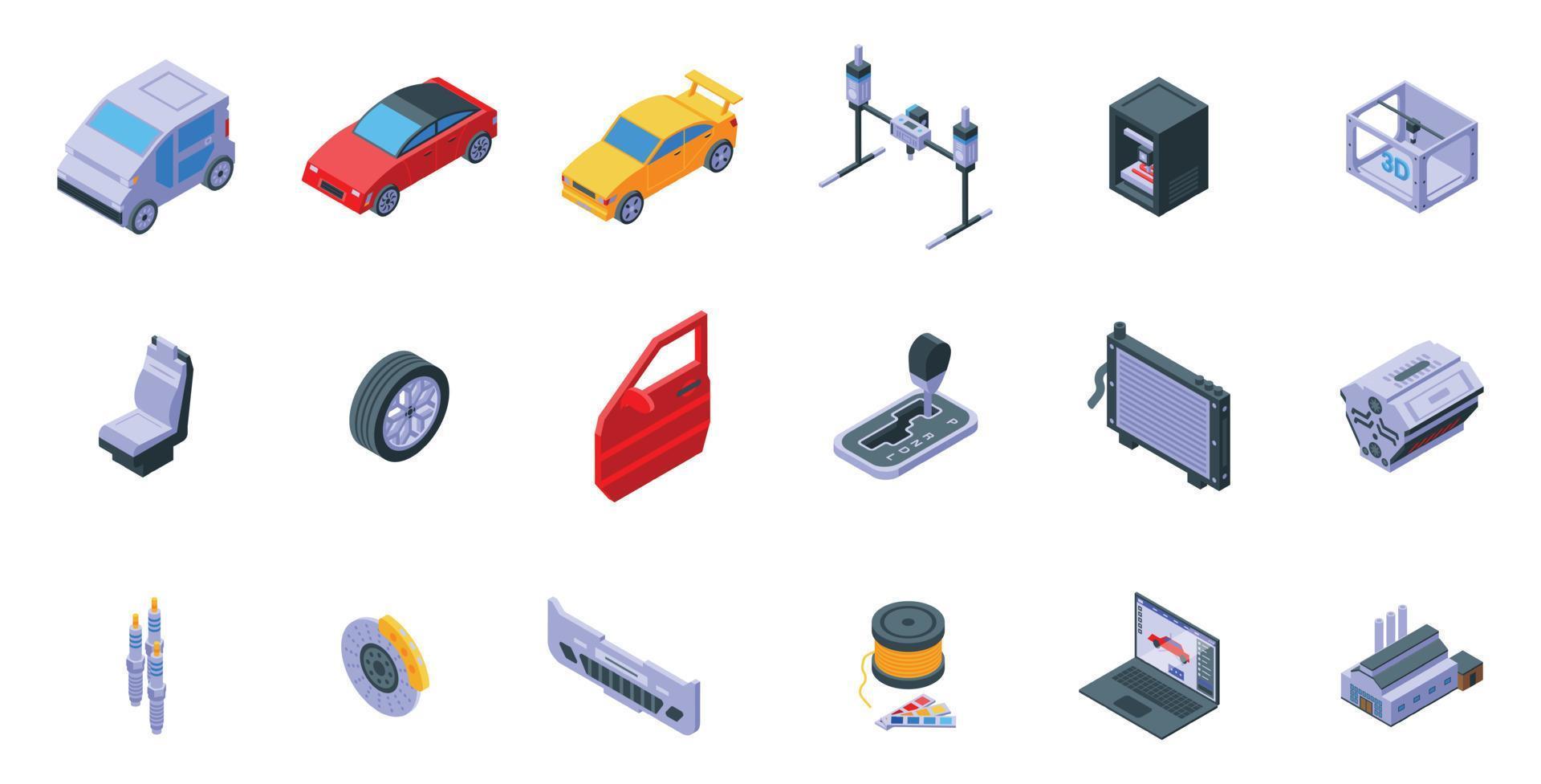 3D cars printing icons set isometric vector. Computer printer vector