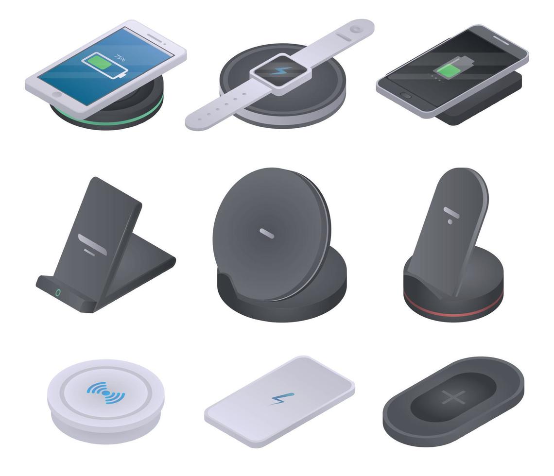 Wireless charger icons set, isometric style vector