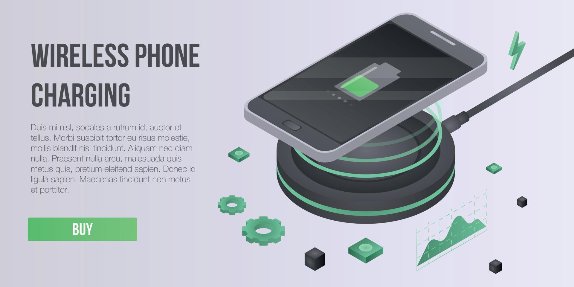 Wireless phone charging concept banner, isometric style vector