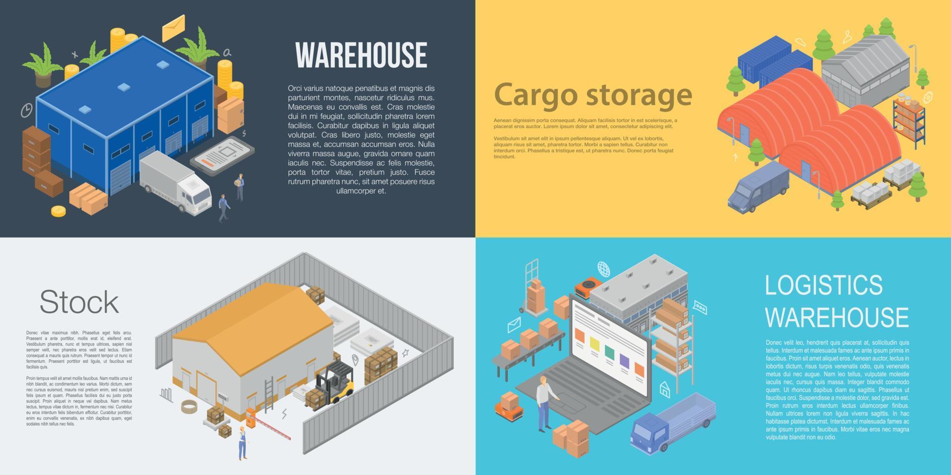 Warehouse building banner set, isometric style vector
