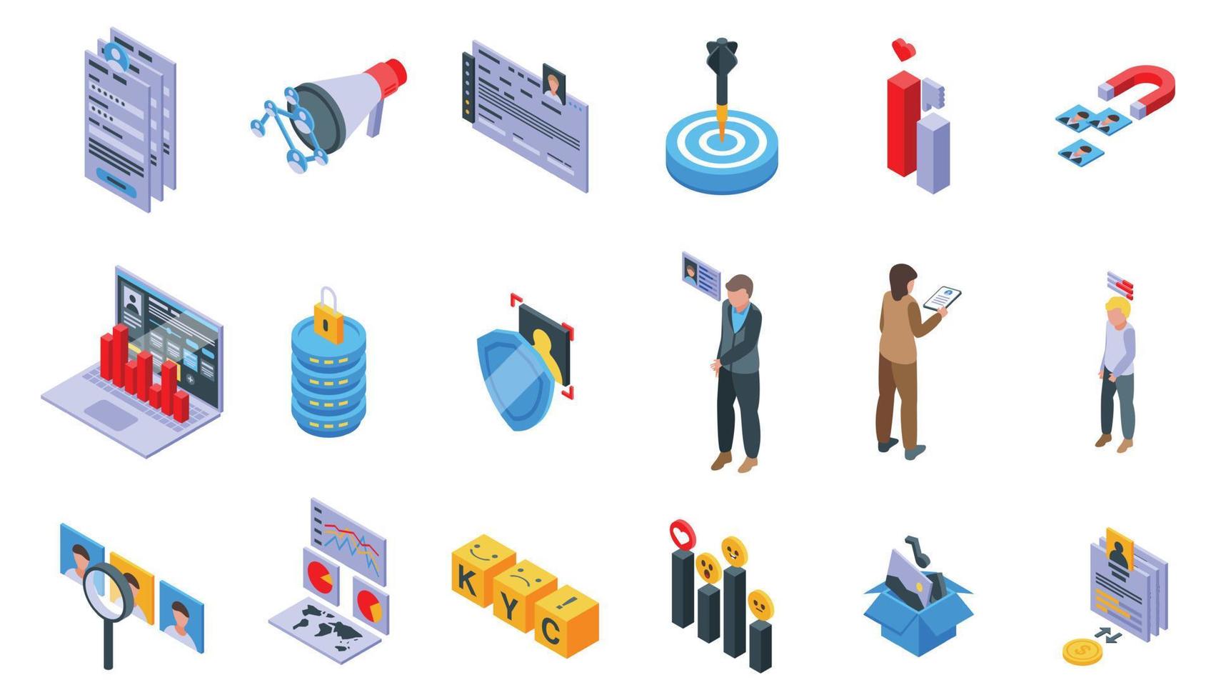 Know your client icons set isometric vector. Card cms vector