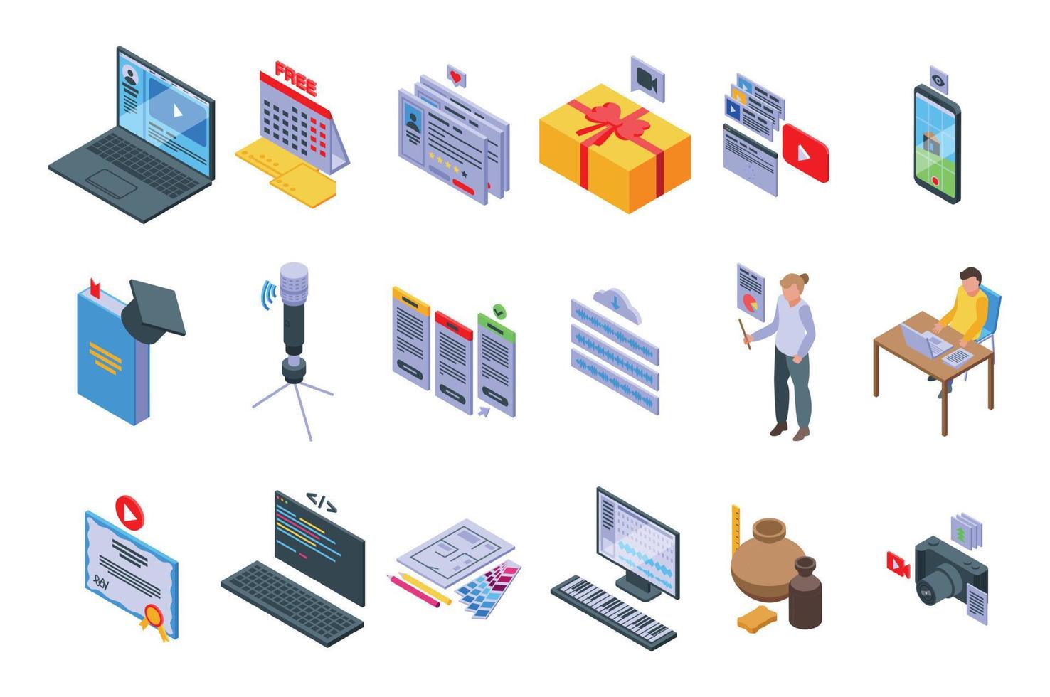 Free course icons set isometric vector. Virtual class vector