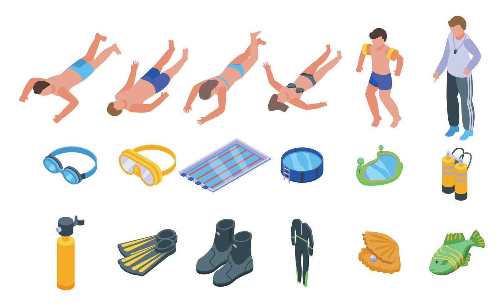 Diving school icons set isometric vector. Active beach vector