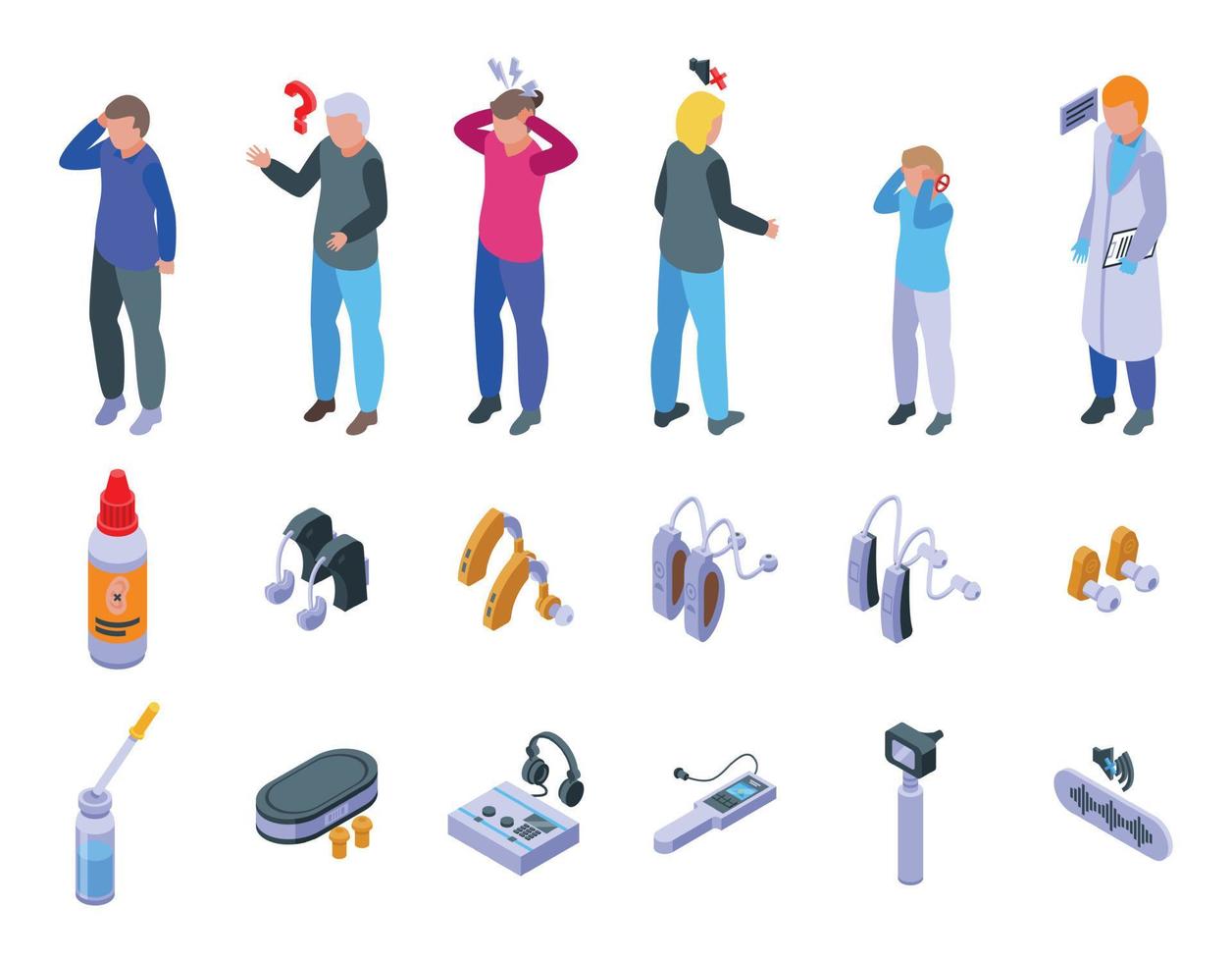 Deafness icons set isometric vector. Hearing aid vector