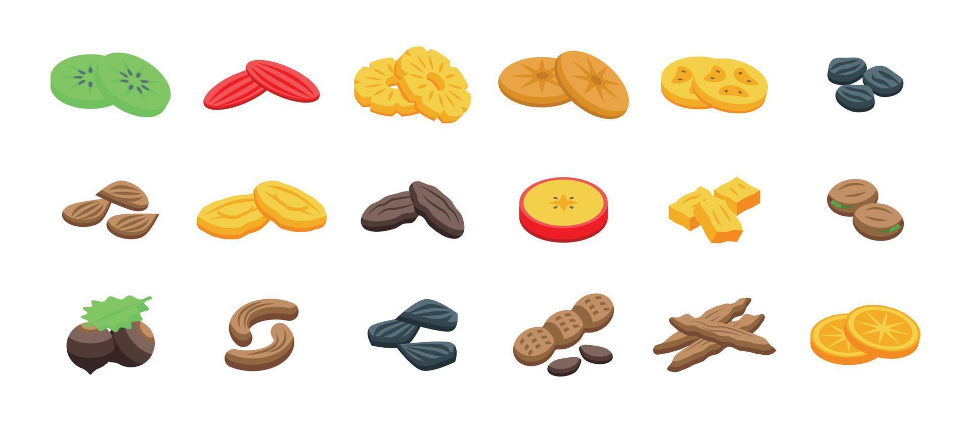 Dried fruits icons set isometric vector. Apricot fig vector