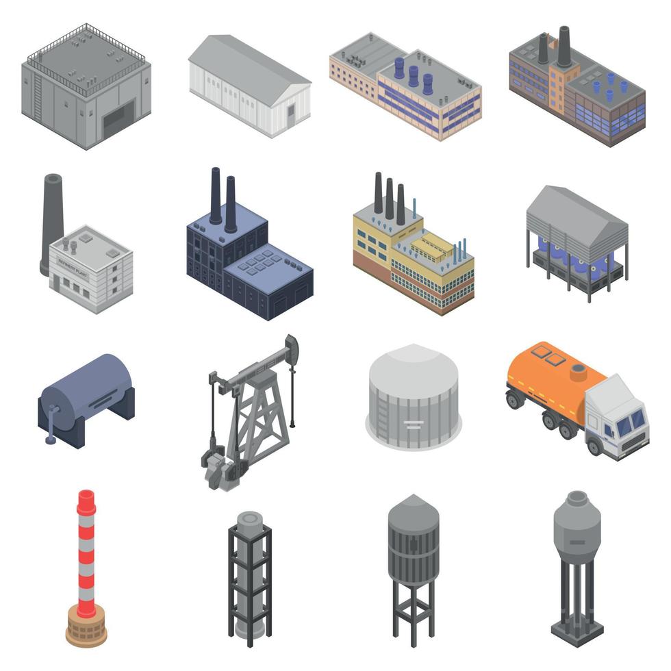 Refinery plant icons set, isometric style vector