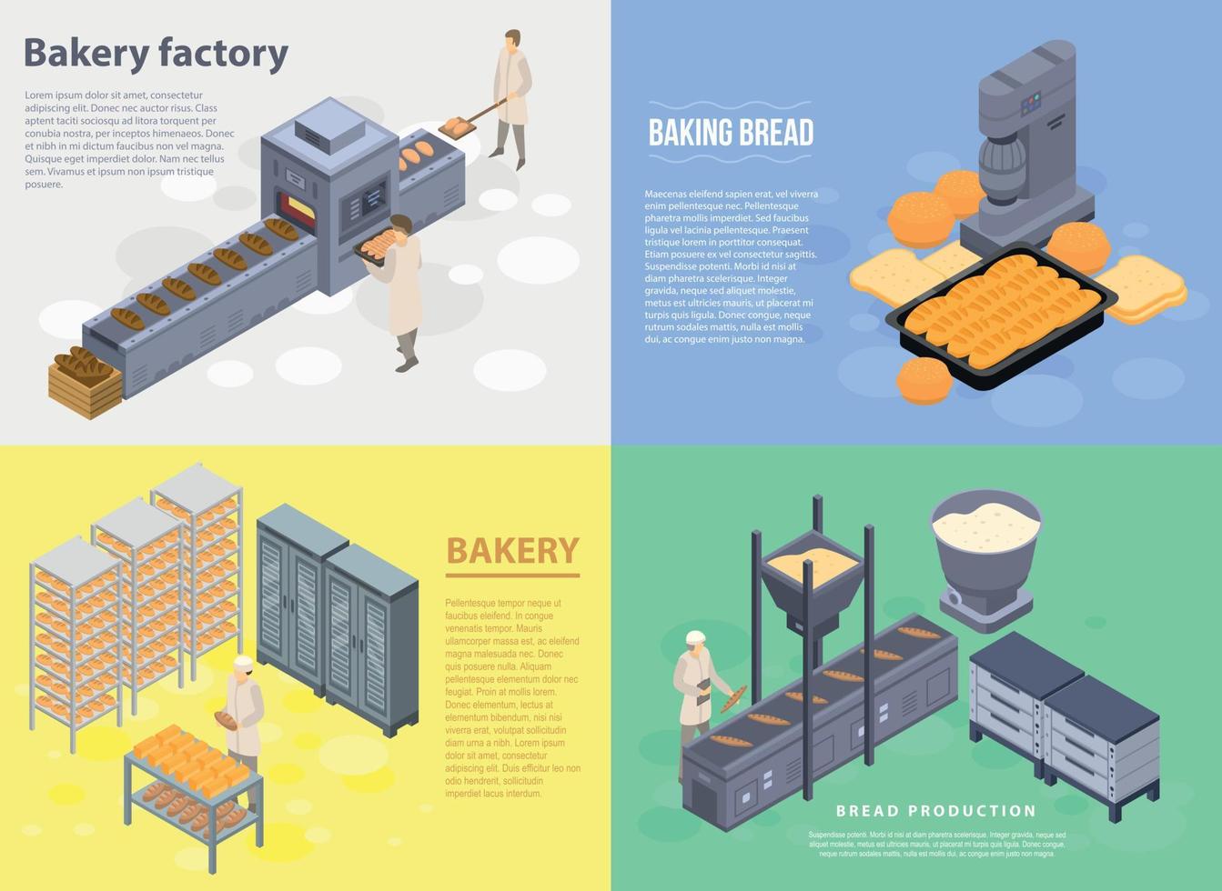 Food bakery factory banner set, isometric style vector