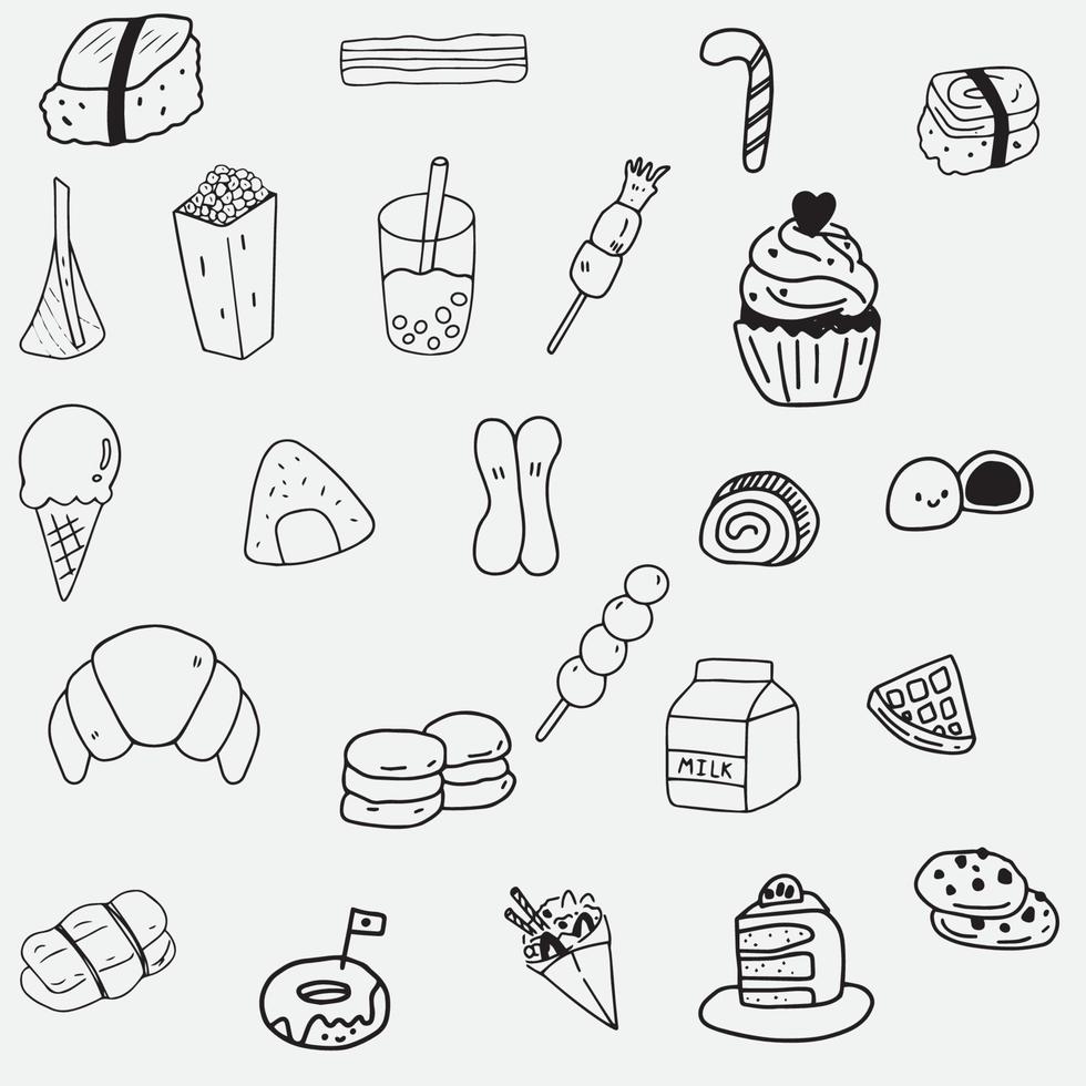 colección dibujada a mano de elementos de comida rápida línea negra dibujo simple en blanco vector