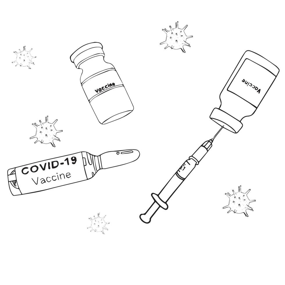 2019-ncov Covid-19 Coronavirus vaccine vials medicine bottles syringe vector drawing. Hand drawn drug ampoules for injection isolated. Fight against coronavirus. Vaccination, immunization, treatment