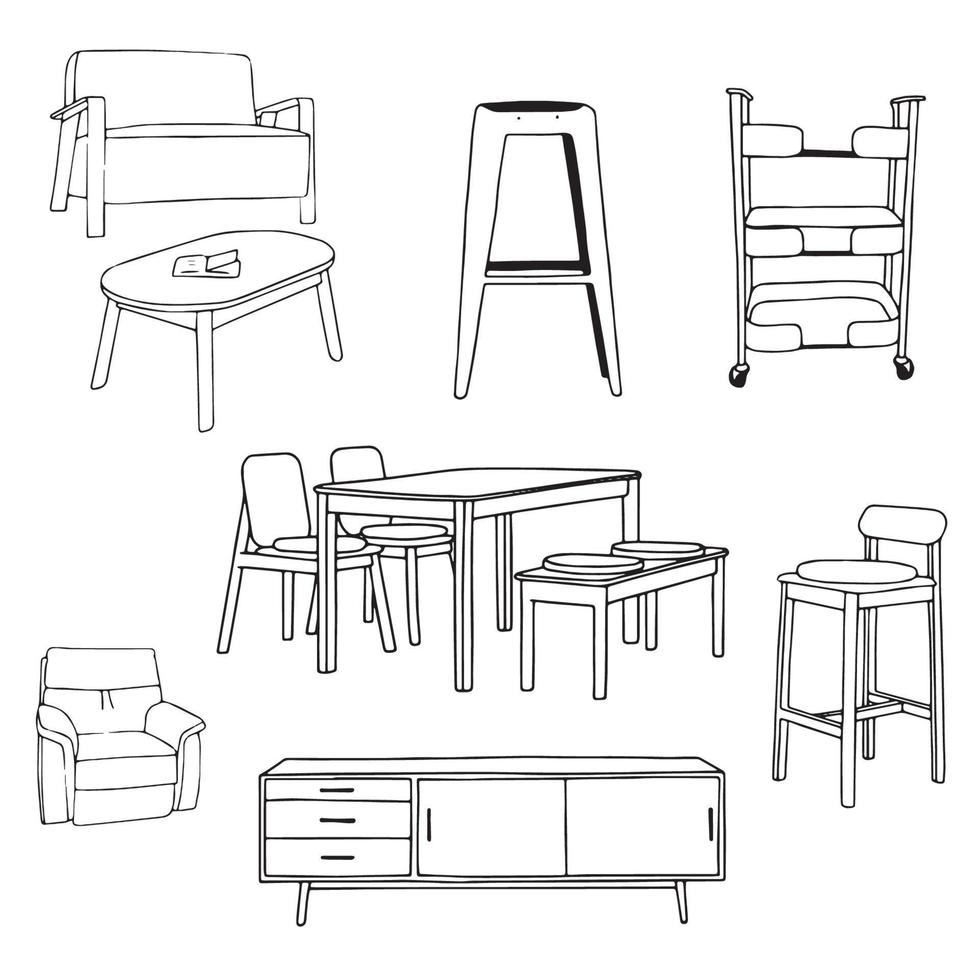 Set of furniture collection outlined drawing. Hand drawn doodle sketch on a white background vector illustration