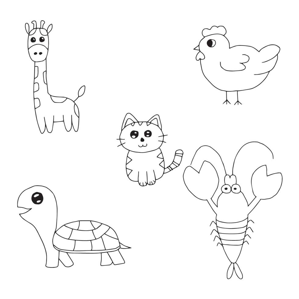 Set of animals vector seamless pattern, cartoon style, hand drawing