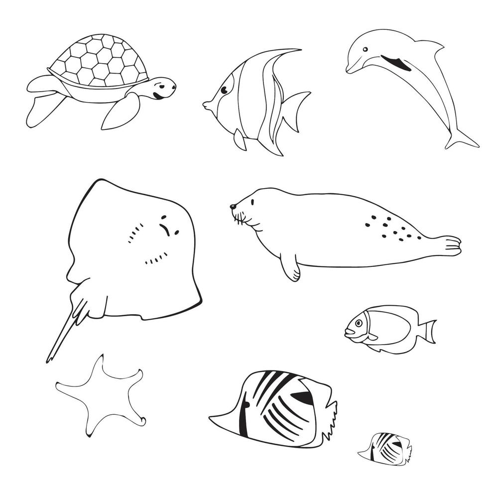 Graphic sea life collection. Vector ocean creatures isolated on white background. Coloring book page design for adults and kids