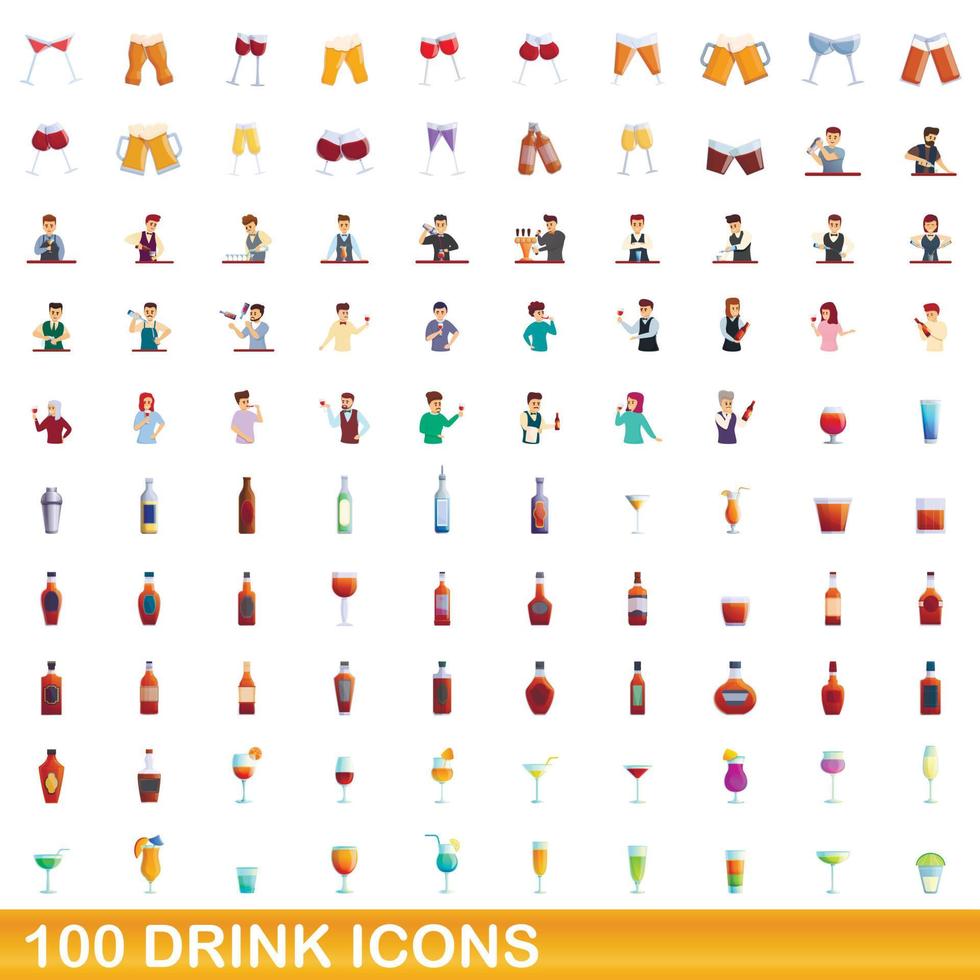 100 drink icons set, cartoon style vector