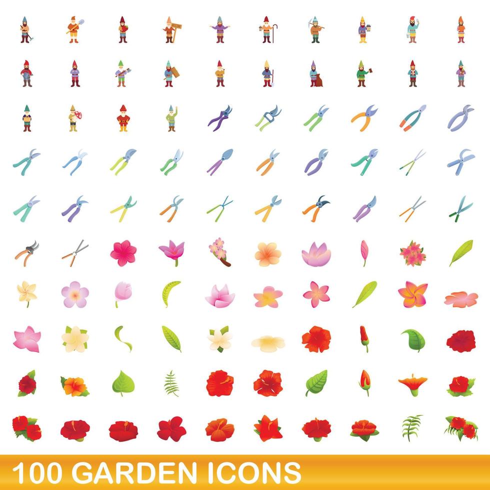 100 garden icons set, cartoon style vector