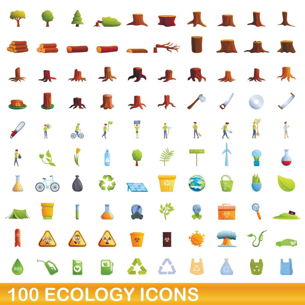 100 iconos de ecología, estilo de dibujos animados vector