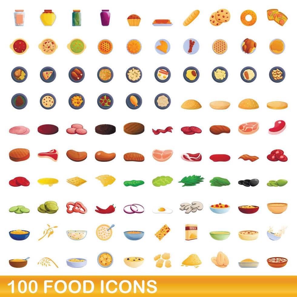 100 iconos de alimentos, estilo de dibujos animados vector