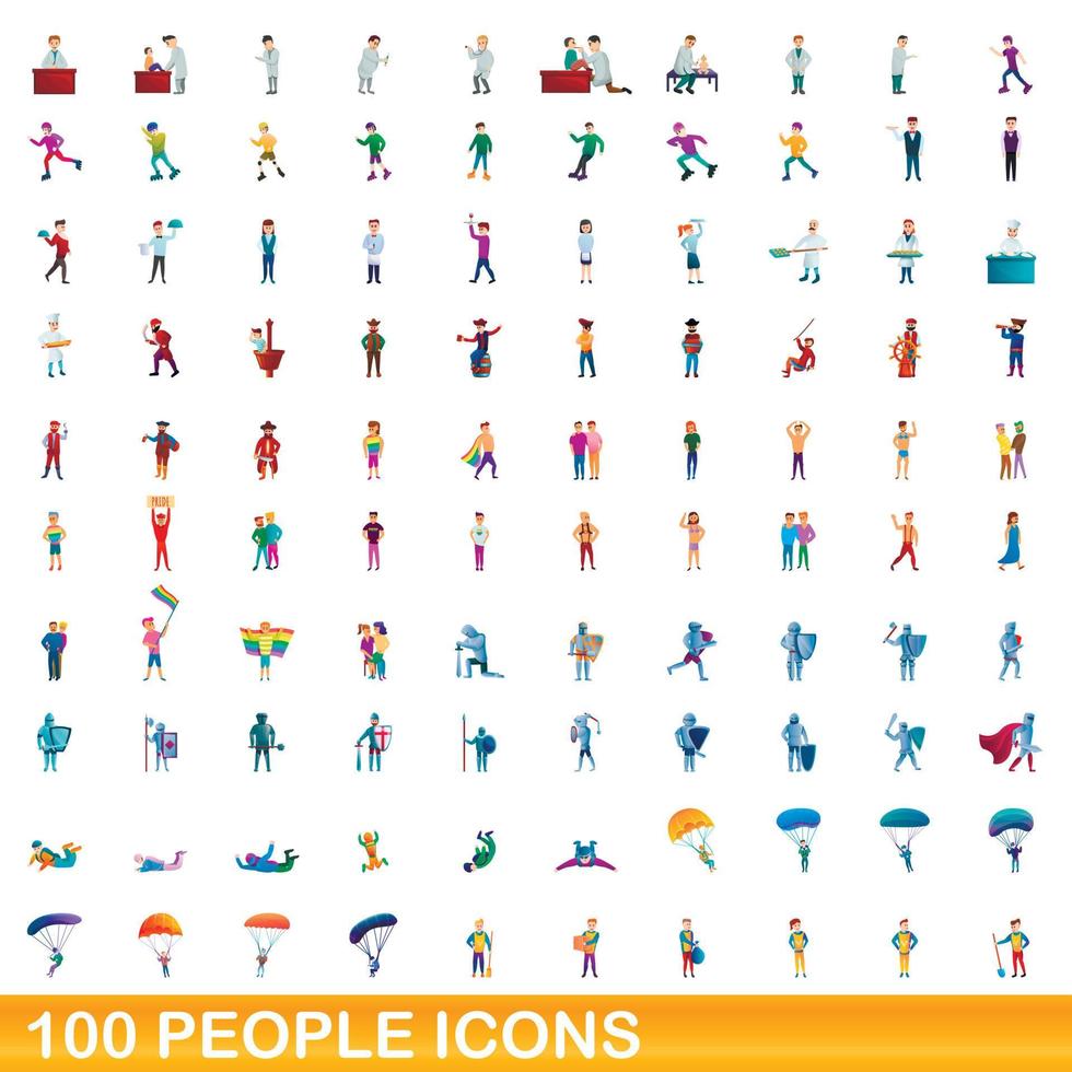 100 people icons set, cartoon style vector