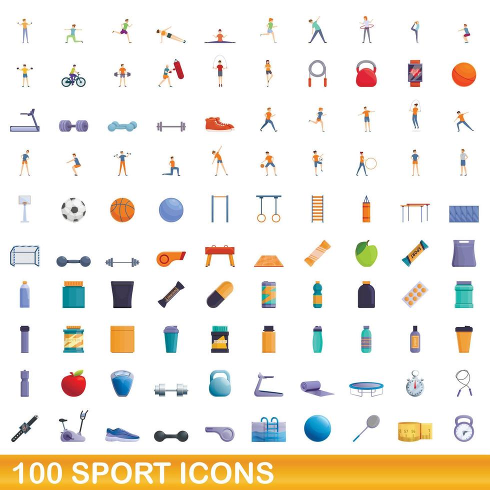 100 iconos deportivos, estilo de dibujos animados vector