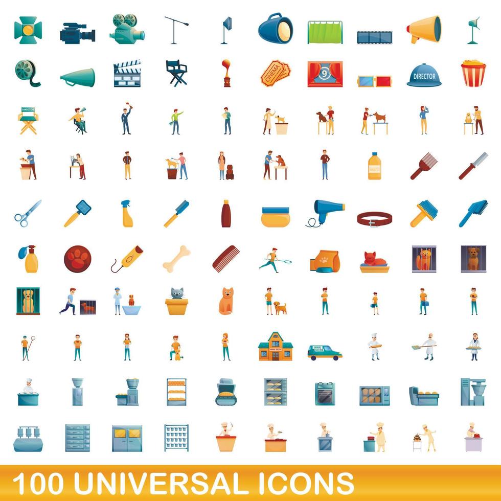 100 universal icons set, cartoon style vector