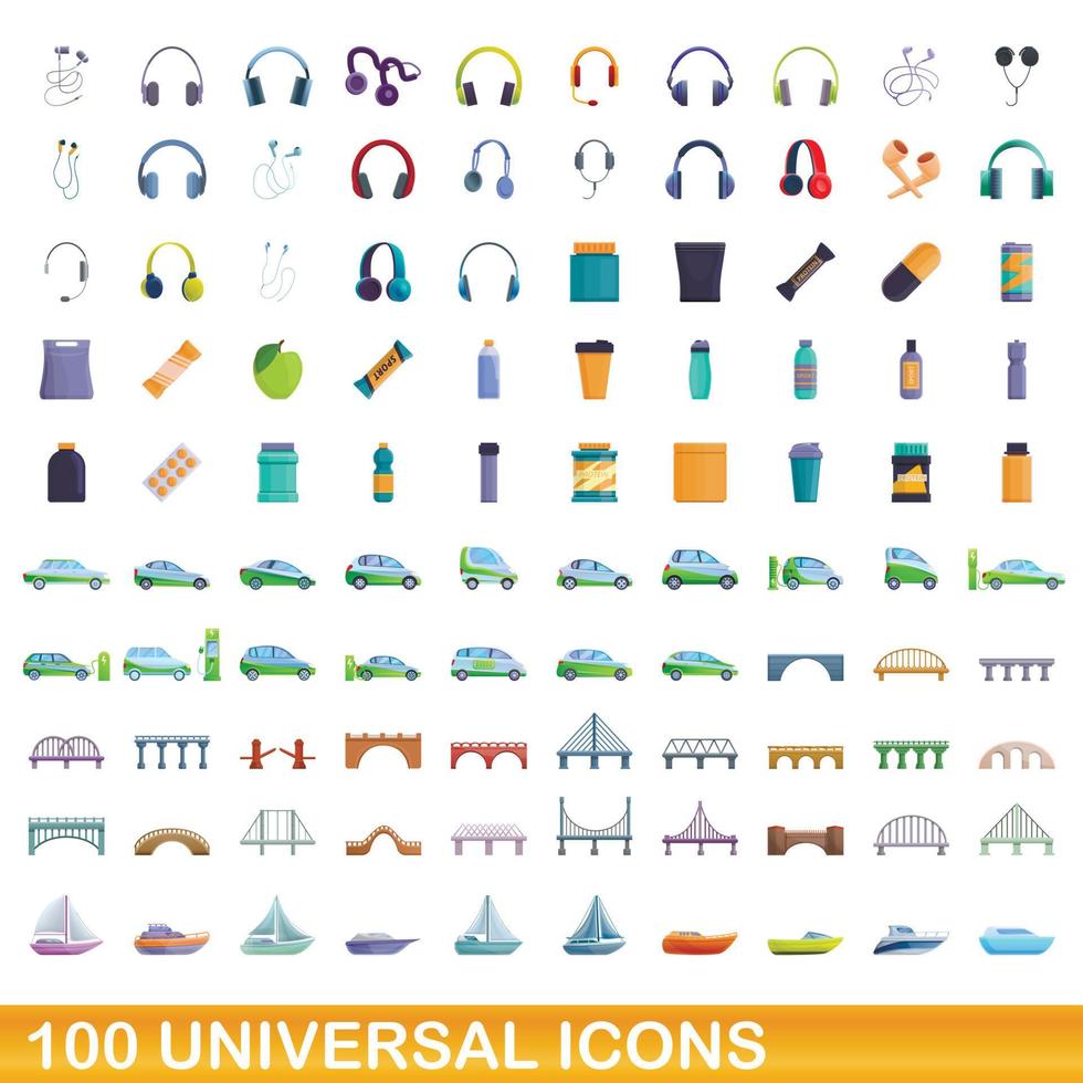 100 iconos universales, estilo de dibujos animados vector